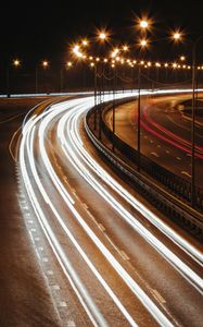 Preview wallpaper road, turn, light, line, long exposure, dark