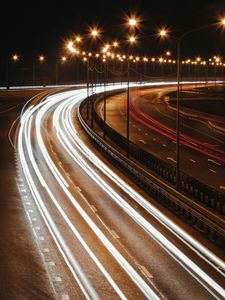 Preview wallpaper road, turn, light, line, long exposure, dark