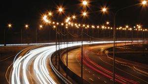 Preview wallpaper road, turn, light, line, long exposure, dark