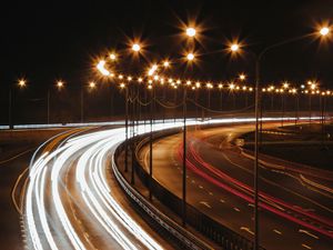 Preview wallpaper road, turn, light, line, long exposure, dark