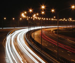 Preview wallpaper road, turn, light, line, long exposure, dark