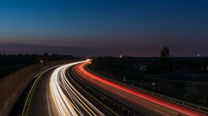 Preview wallpaper road, turn, light, long exposure, night, dark