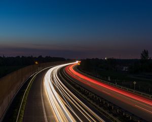 Preview wallpaper road, turn, light, long exposure, night, dark