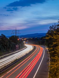 Preview wallpaper road, turn, light, long exposure, twilight, dark