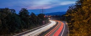 Preview wallpaper road, turn, light, long exposure, twilight, dark