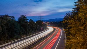 Preview wallpaper road, turn, light, long exposure, twilight, dark