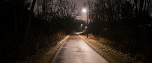 Preview wallpaper road, turn, lights, trees, night, dark