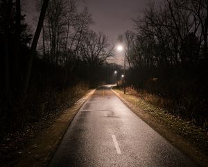Preview wallpaper road, turn, lights, trees, night, dark