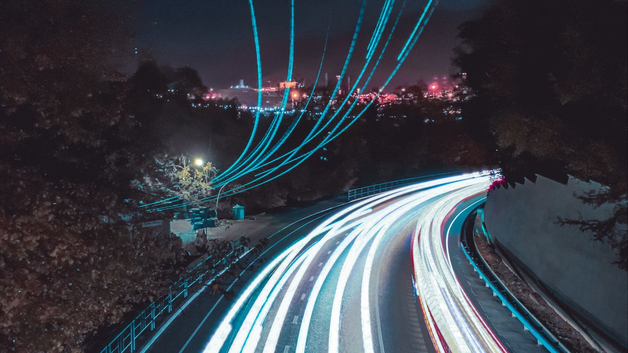 Wallpaper road, turn, lights, long exposure, light, night