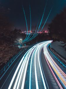 Preview wallpaper road, turn, lights, long exposure, light, night