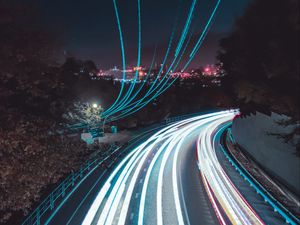 Preview wallpaper road, turn, lights, long exposure, light, night