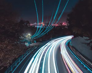 Preview wallpaper road, turn, lights, long exposure, light, night