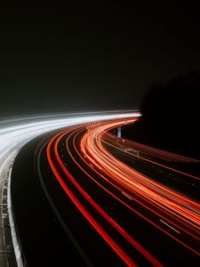 Preview wallpaper road, turn, lights, long exposure, dark