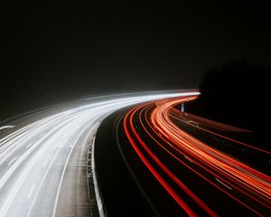 Preview wallpaper road, turn, lights, long exposure, dark