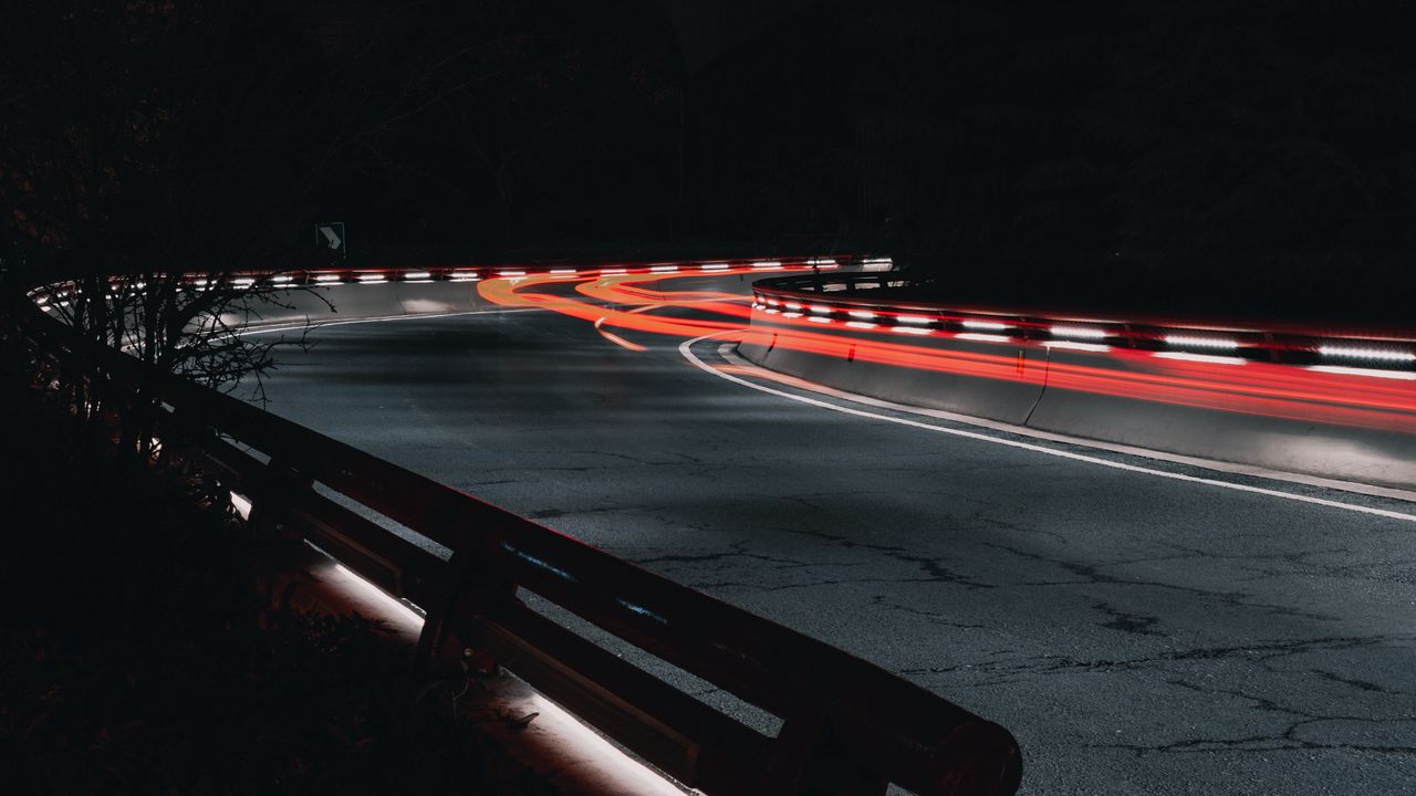 Wallpaper road, turn, lights, long exposure, night