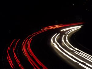 Preview wallpaper road, turn, lights, long exposure, night, dark
