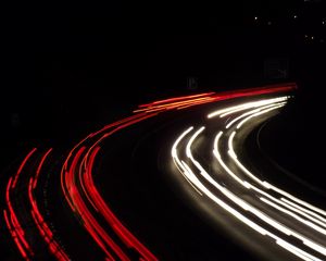 Preview wallpaper road, turn, lights, long exposure, night, dark