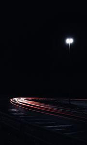 Preview wallpaper road, turn, lights, long exposure, night, darkness