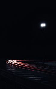 Preview wallpaper road, turn, lights, long exposure, night, darkness