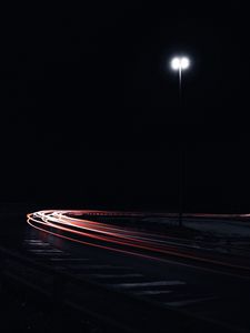 Preview wallpaper road, turn, lights, long exposure, night, darkness