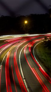 Preview wallpaper road, turn, lights, light, long exposure, dark