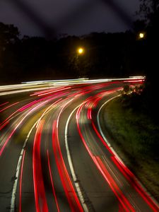 Preview wallpaper road, turn, lights, light, long exposure, dark