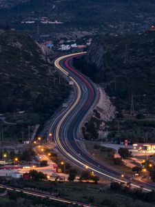 Preview wallpaper road, turn, lights, trees, twilight
