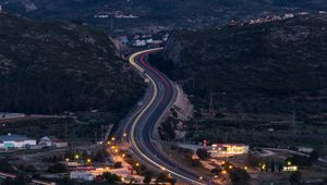 Preview wallpaper road, turn, lights, trees, twilight