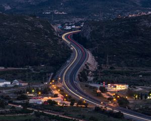 Preview wallpaper road, turn, lights, trees, twilight