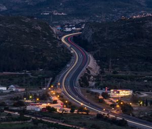 Preview wallpaper road, turn, lights, trees, twilight