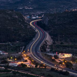 Preview wallpaper road, turn, lights, trees, twilight