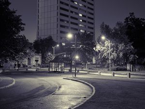 Preview wallpaper road, turn, lights, building, night