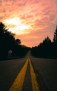 Preview wallpaper road, turn, marking, forest, sunset