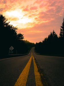 Preview wallpaper road, turn, marking, forest, sunset