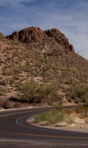 Preview wallpaper road, turn, mountain, slope, desert, landscape