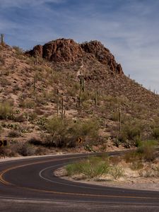 Preview wallpaper road, turn, mountain, slope, desert, landscape