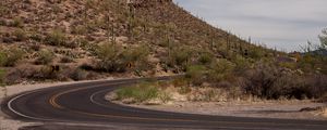 Preview wallpaper road, turn, mountain, slope, desert, landscape