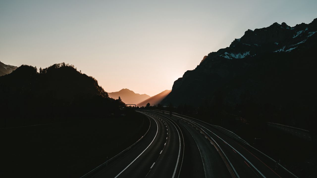 Wallpaper road, turn, mountains, morning, sundawn, empty