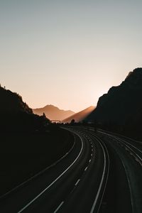 Preview wallpaper road, turn, mountains, morning, sundawn, empty