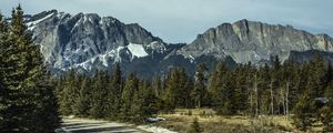 Preview wallpaper road, turn, mountains, trees, snow, nature