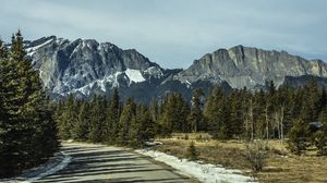 Preview wallpaper road, turn, mountains, trees, snow, nature