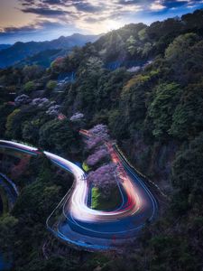 Preview wallpaper road, turn, mountains, sunset, landscape