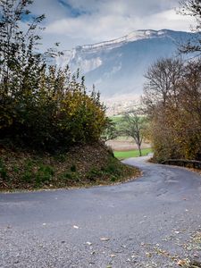 Preview wallpaper road, turn, mountains, trees, nature, landscape