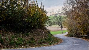 Preview wallpaper road, turn, mountains, trees, nature, landscape
