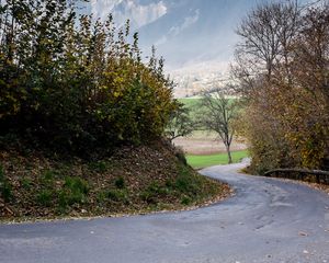 Preview wallpaper road, turn, mountains, trees, nature, landscape