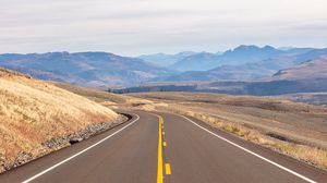 Preview wallpaper road, turn, mountains, hills, landscape