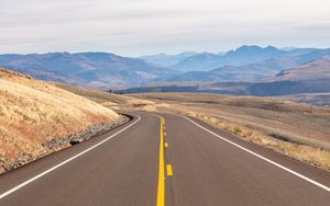 Preview wallpaper road, turn, mountains, hills, landscape