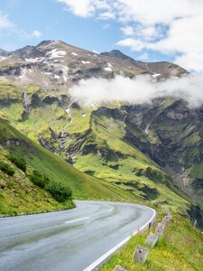 Preview wallpaper road, turn, mountains, relief, clouds, grass