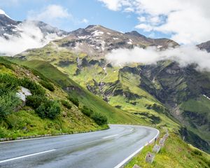 Preview wallpaper road, turn, mountains, relief, clouds, grass