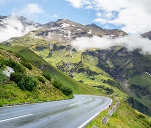 Preview wallpaper road, turn, mountains, relief, clouds, grass